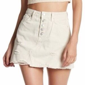 Free People We The Free Ecru Button Fly Denim Mini Skirt Size 31 Distressed